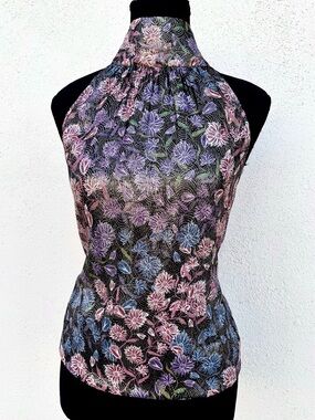 Collection J.Crew Chiffon Metallic Black Floral Sleevless High Neck Top XS